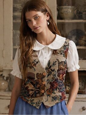 Vintage Facets Tapestry Button Vest in Cream and Multicolor Kittens and Puppies!